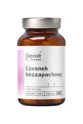 OstroVit Pharma Garlic supplement, 60 softgels, promoting health benefits of garlic in diet.