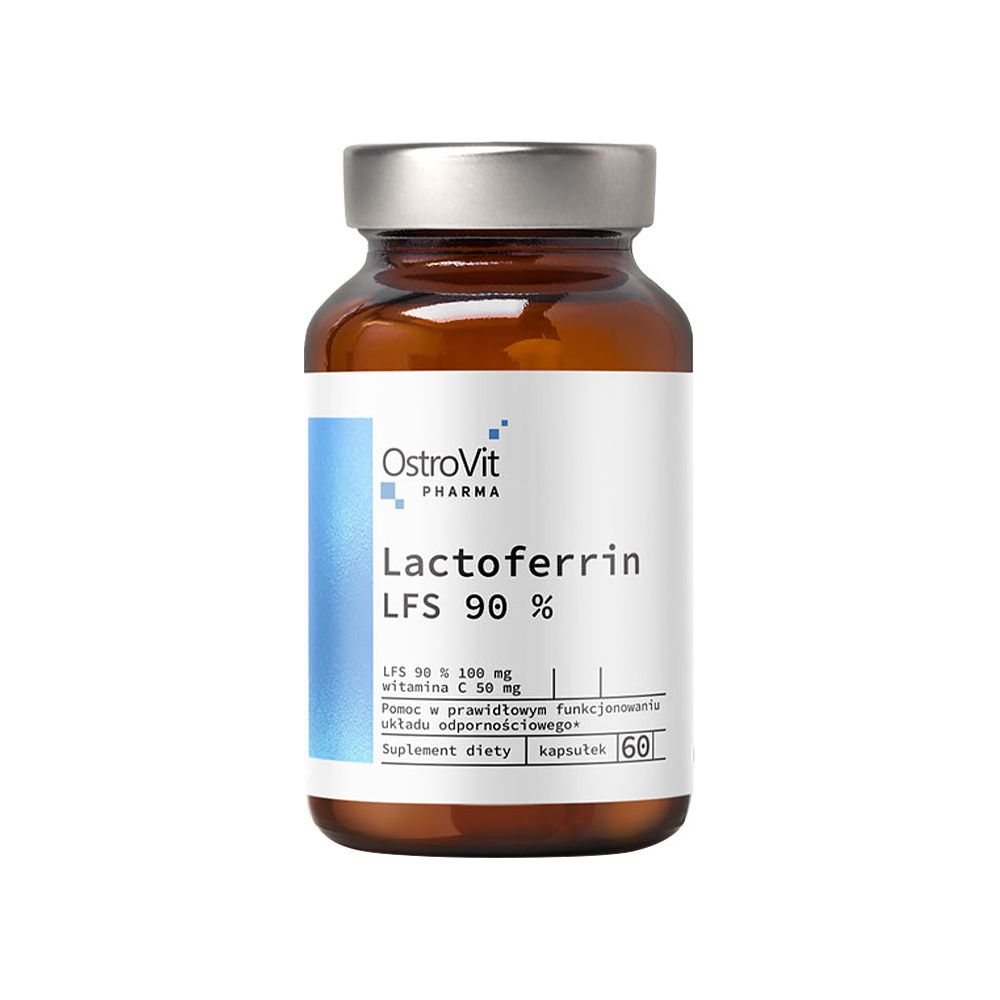 OstroVit Pharma Lactoferrin LFS 90% supplement bottle with 60 capsules, promoting immune system health.