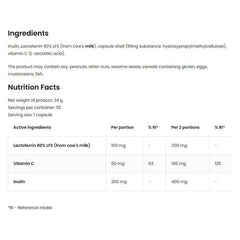 Nutritional information for OstroVit Lactoferrin LFS 90%, highlighting ingredients and serving details.