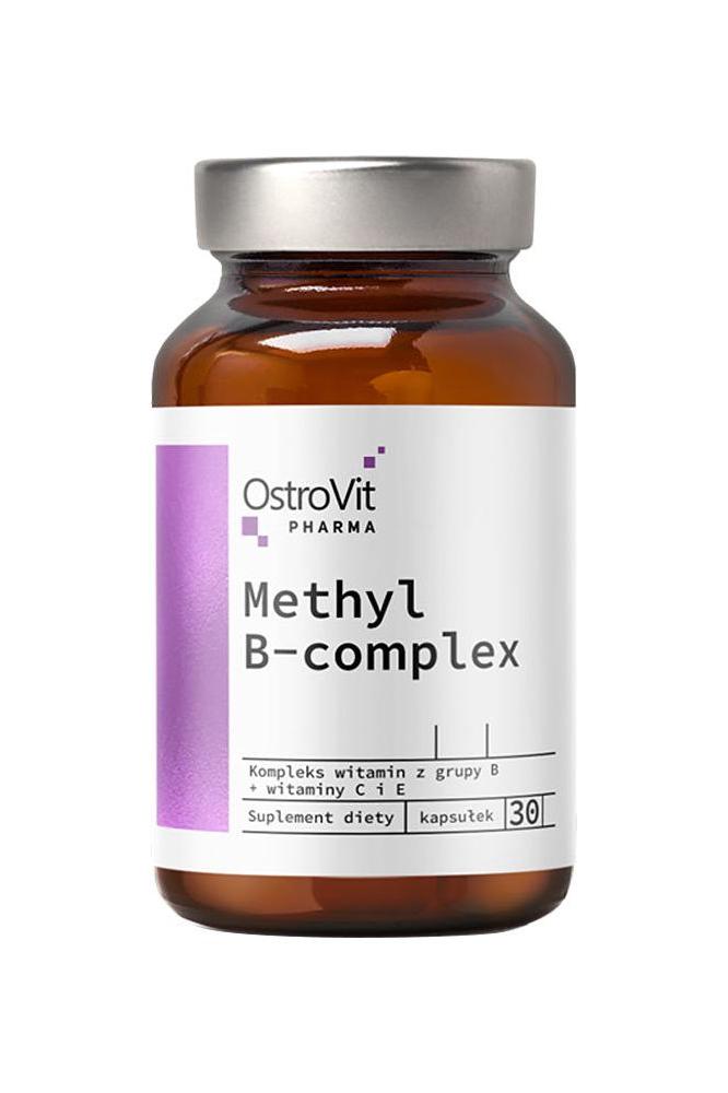 OstroVit Pharma Methyl B-Complex supplement bottle, 30 capsules, promoting energy metabolism and immune support.