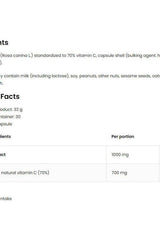Nutritional information for OstroVit Pharma Natural Vitamin C from Rose Hips, showing ingredients and amounts per capsule.