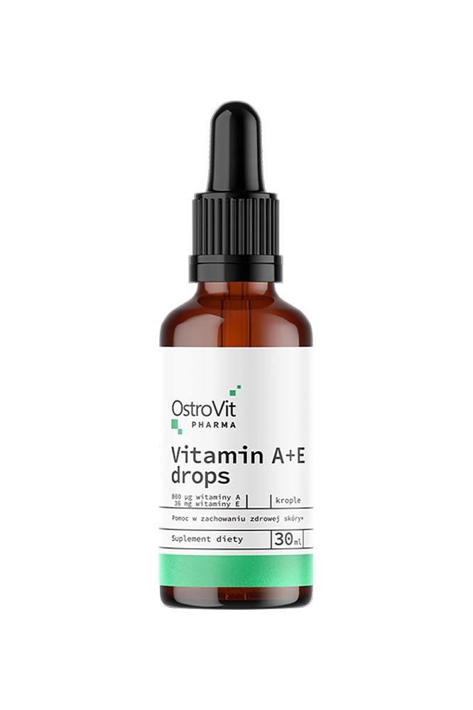 OstroVit Pharma Vitamin A+E drops 30 ml in a brown glass dropper bottle for healthy skin and vision.