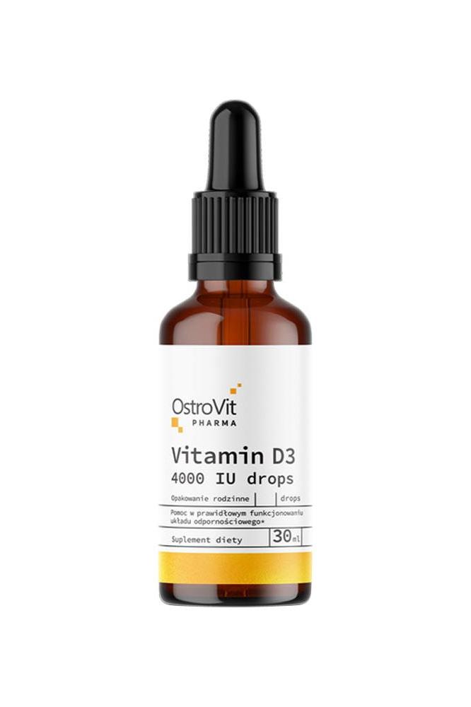 OstroVit Pharma Vitamin D3 4000 IU drops 30 ml bottle with dropper, dietary supplement for vitamin D deficiency.