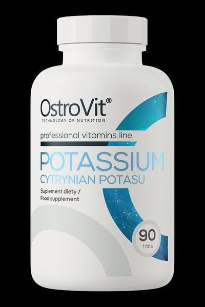 OstroVit Potassium supplement bottle, 90 tabs, supports heart and kidney function, high-quality dietary supplement.