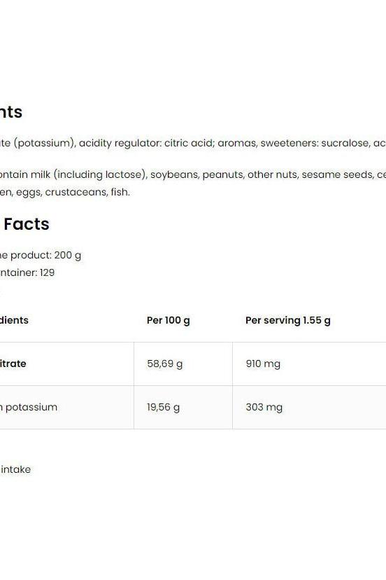 OstroVit Potassium Citrate 200g nutrition facts and ingredients list, highlighting potassium content. OstroVit Potassium Citrate 200g nutrition facts and ingredients list, highlighting potassium content.