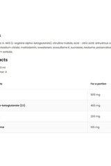 Nutrition facts and ingredients for OstroVit Pre Workout Shot, highlighting dosage per portion.