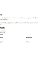 Ingredients and nutritional facts for OstroVit Quercetin VEGE, 90 capsules, including quercetin content and allergen information.