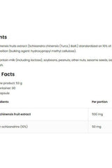 Schisandra Chinensis VEGE product label showing ingredients and nutritional facts including extract and schisandrin content.