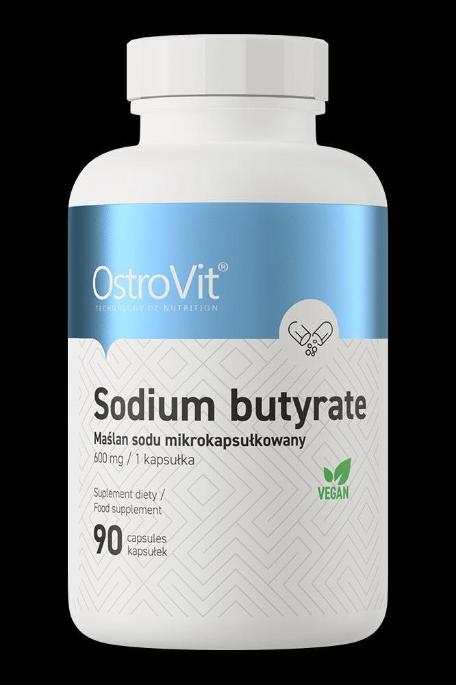 OstroVit Sodium Butyrate supplement bottle with 90 capsules, promoting gut health and digestion.