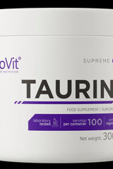 OstroVit Taurine Supreme Pure supplement container, 300 g, 100 servings, lab-tested, no fillers.