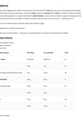 Nutritional information and ingredients for OstroVit THE BAR, detailing calories, protein, and key nutrients.