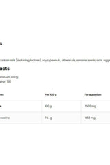 Nutritional information for OstroVit Tri-Creatine Malate detailing key ingredients and their amounts per 100g and per portion.