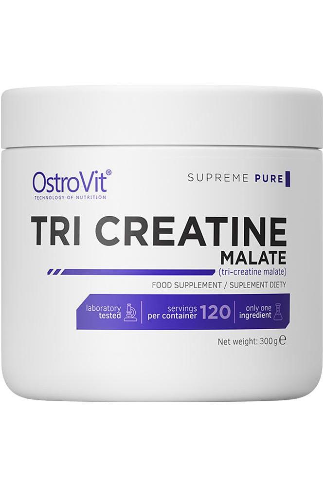 OstroVit Tri-Creatine Malate container, a food supplement for muscle growth and recovery, 300g, 120 servings.