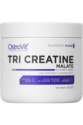 OstroVit Tri-Creatine Malate container, a food supplement for muscle growth and recovery, 300g, 120 servings.