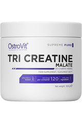 OstroVit Tri-Creatine Malate container, a food supplement for muscle growth and recovery, 300g, 120 servings.