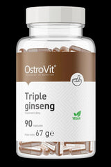 OstroVit Triple Ginseng VEGE supplement bottle with 90 vegan capsules for energy and vitality.