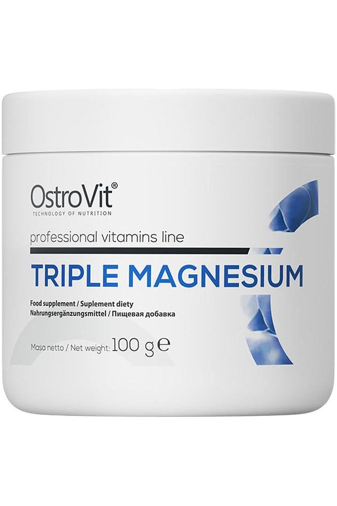 OstroVit Triple Magnesium 100 g food supplement for energy metabolism and muscle function.