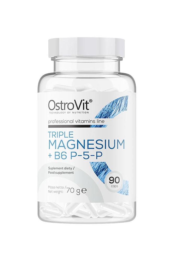 OstroVit Triple Magnesium + B6 P-5-P supplement bottle with 90 capsules for muscle support and fatigue reduction.