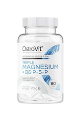 OstroVit Triple Magnesium + B6 P-5-P supplement bottle with 90 capsules for muscle support and fatigue reduction.