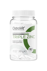OstroVit Triple Zinc supplement bottle containing 90 capsules for enhanced health benefits and antioxidant support.