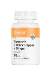 OstroVit Turmeric, Black Pepper, Ginger supplement bottle with 90 tablets for enhanced metabolism and digestion.