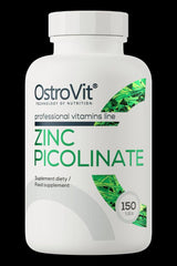 OstroVit Zinc Picolinate dietary supplement bottle with 150 tablets, promoting nutrition and well-being.