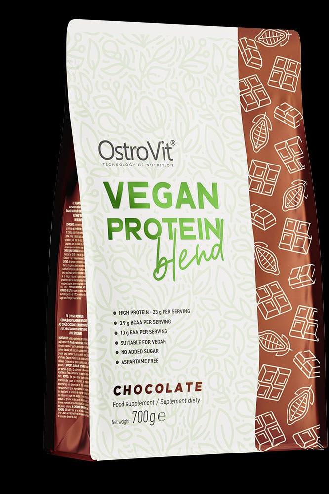 OstroVit Vegan Protein Blend in Chocolate flavor, 700g bag, high-protein plant-based supplement for vegans.