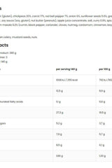 Nutritional information for OstroVit VEGE dish with pearl couscous and chickpeas, including ingredients and serving details.