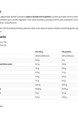 Nutritional information for OstroVit VEGE Protein Blend, including ingredients and per serving data.