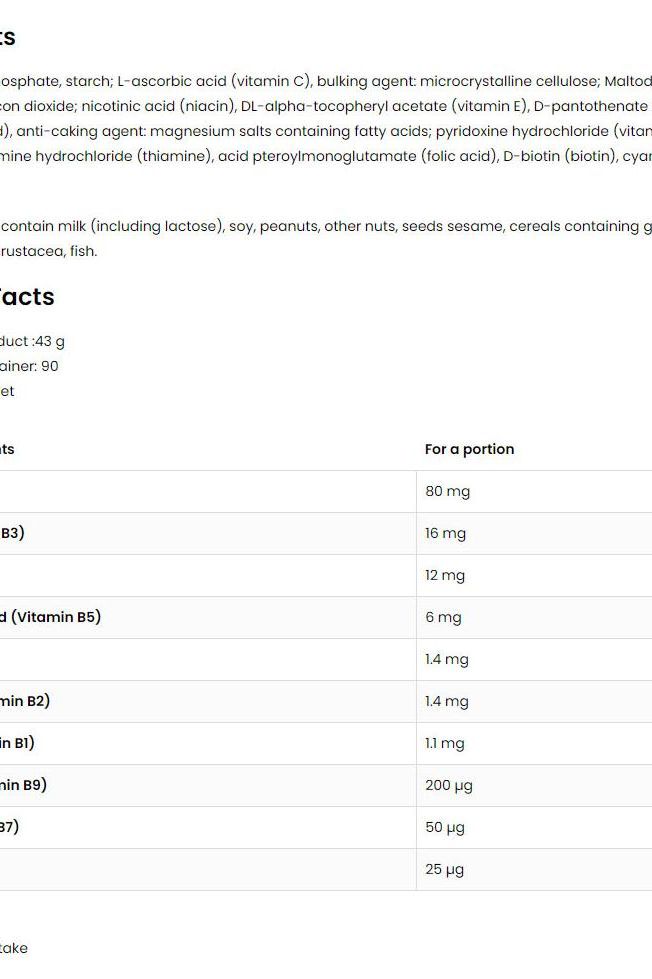 Nutritional information for OstroVit Vitamin B Complex 90 tablets, listing B-vitamin content per portion. Nutritional information for OstroVit Vitamin B Complex 90 tablets, listing B-vitamin content per portion.