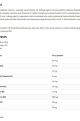 Nutritional information for OstroVit Vitamin B Complex 90 tablets, listing B-vitamin content per portion.