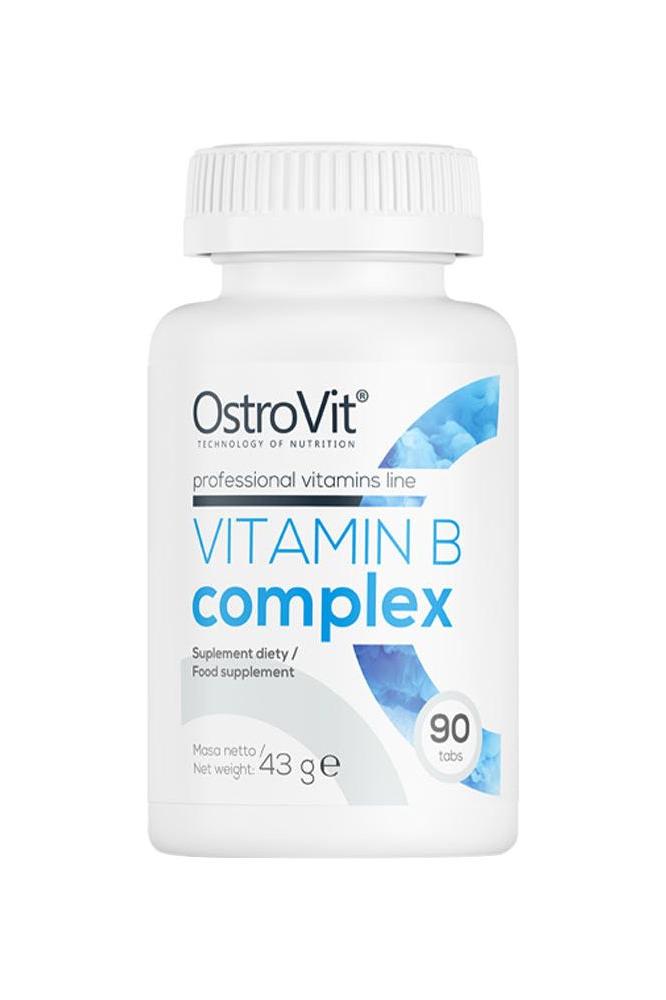 OstroVit Vitamin B Complex supplement bottle with 90 tablets for energy and immune support. OstroVit Vitamin B Complex supplement bottle with 90 tablets for energy and immune support.