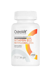 OstroVit Vitamin B12 Methylcobalamin supplement bottle with 200 tablets for energy and memory support.