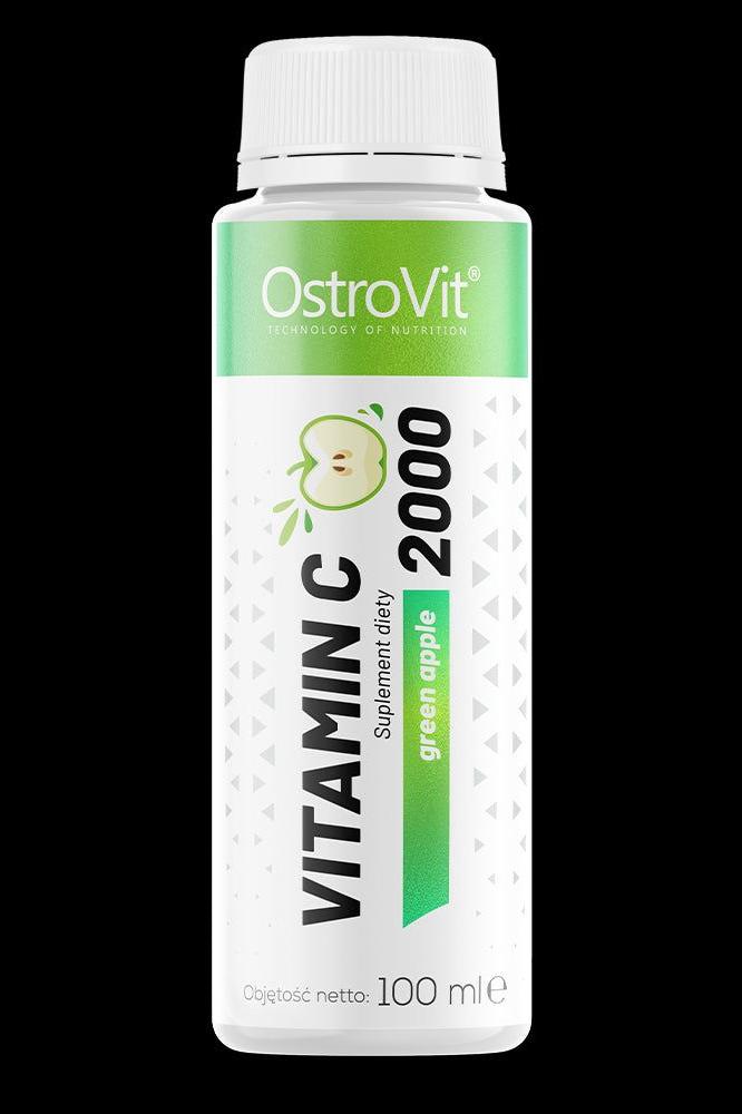 OstroVit Vitamin C 2000 Shot 100 ml in green apple flavor, promoting immune support and quick absorption.