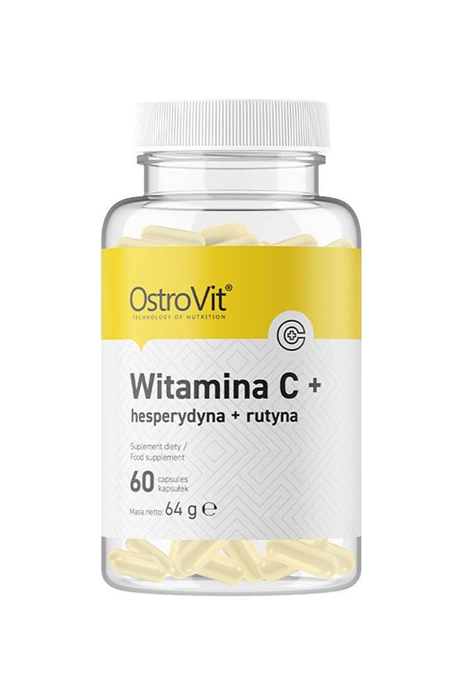 OstroVit Vitamin C with Hesperidin and Rutin supplement, 60 yellow capsules in a clear container.
