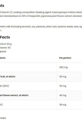 Nutrition facts for OstroVit Vitamin C + Hesperidin + Rutin, including ingredients and per portion values.