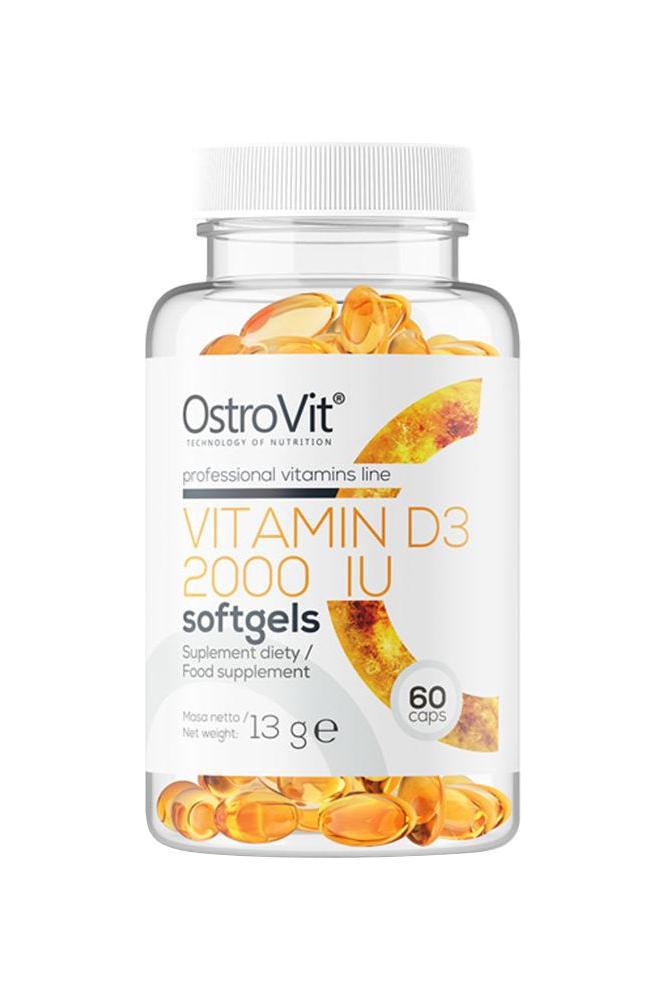 OstroVit Vitamin D3 2000 IU softgels, 60 capsules in a clear bottle, dietary supplement.