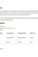OstroVit Vitamin D3 4000 IU + K2 MK-7 liquid nutrition facts and ingredients list, 500 ml packaging.
