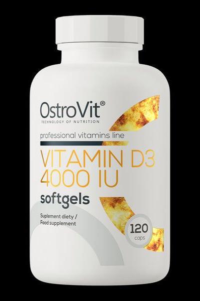 OstroVit Vitamin D3 4000 IU softgels bottle with 120 capsules for immune support and bone health.