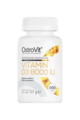 OstroVit Vitamin D3 8000 IU bottle with 200 tablets, dietary supplement for optimal health.