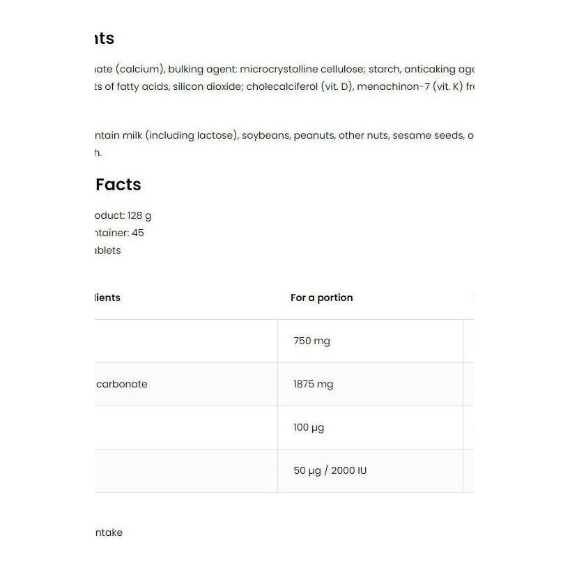 Nutritional information for OstroVit Vitamin D3 + K2 + Calcium tablets, showing contents and serving details. Nutritional information for OstroVit Vitamin D3 + K2 + Calcium tablets, showing contents and serving details.