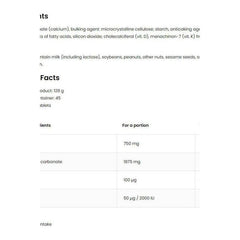 Nutritional information for OstroVit Vitamin D3 + K2 + Calcium tablets, showing contents and serving details.