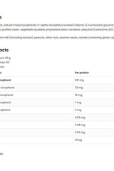 Ingredient list for OstroVit Vitamin E Natural Tocopherols Complex, detailing active components and nutrition facts.