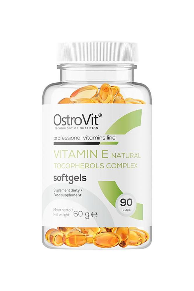 OstroVit Vitamin E Natural Tocopherols Complex softgels in a bottle with 90 capsules, dietary supplement for antioxidant support.