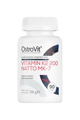 OstroVit Vitamin K2 200 Natto MK-7 supplement bottle with 90 tablets for bone health and blood coagulation.