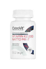 OstroVit Vitamin K2 200 Natto MK-7 supplement bottle with 90 tablets for bone health and blood coagulation.