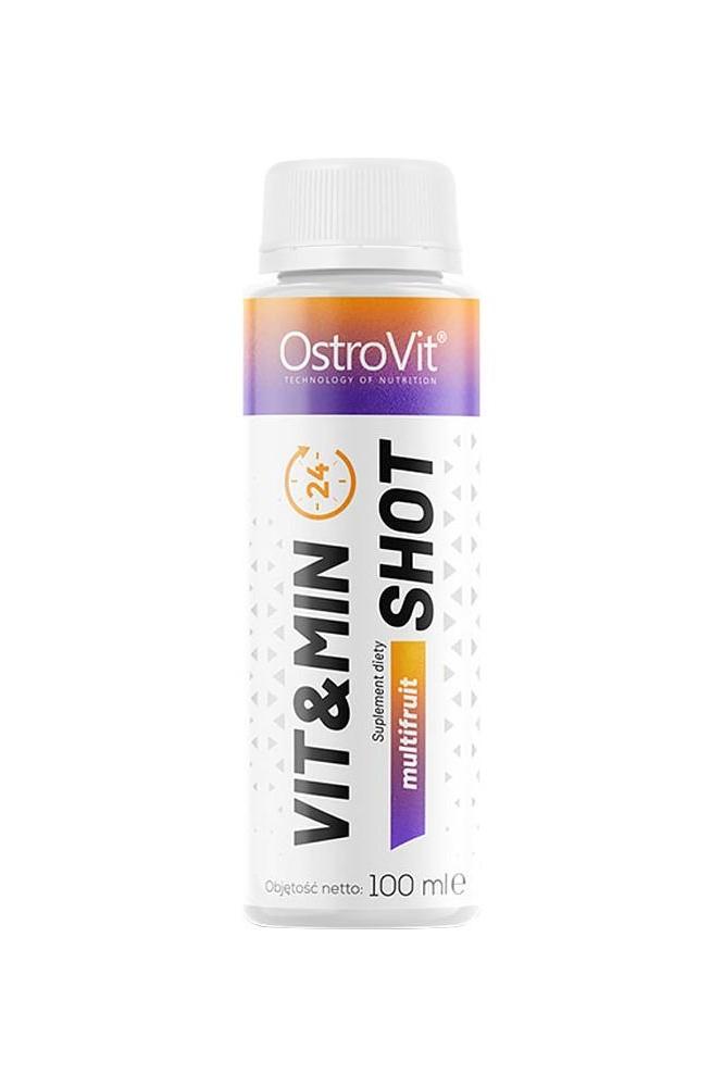 OstroVit VIT&MIN Shot 100 ml in a sleek bottle for better mood and immune support with fruity flavor.