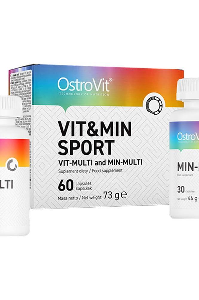 OstroVit VIT&MIN Sport dietary supplement box with 60 capsules, ideal for active individuals and athletes.