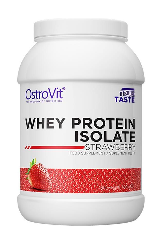 OstroVit Whey Protein Isolate Strawberry flavor, high protein, low carbs, food supplement for muscle growth and recovery.