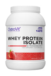 OstroVit Whey Protein Isolate Strawberry flavor, high protein, low carbs, food supplement for muscle growth and recovery.